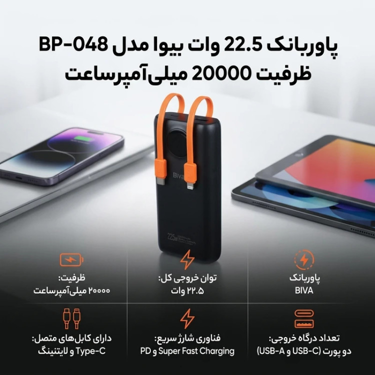 پاور بانک ۲۰۰۰۰ میلیآمپر بیوا مدل BP-048